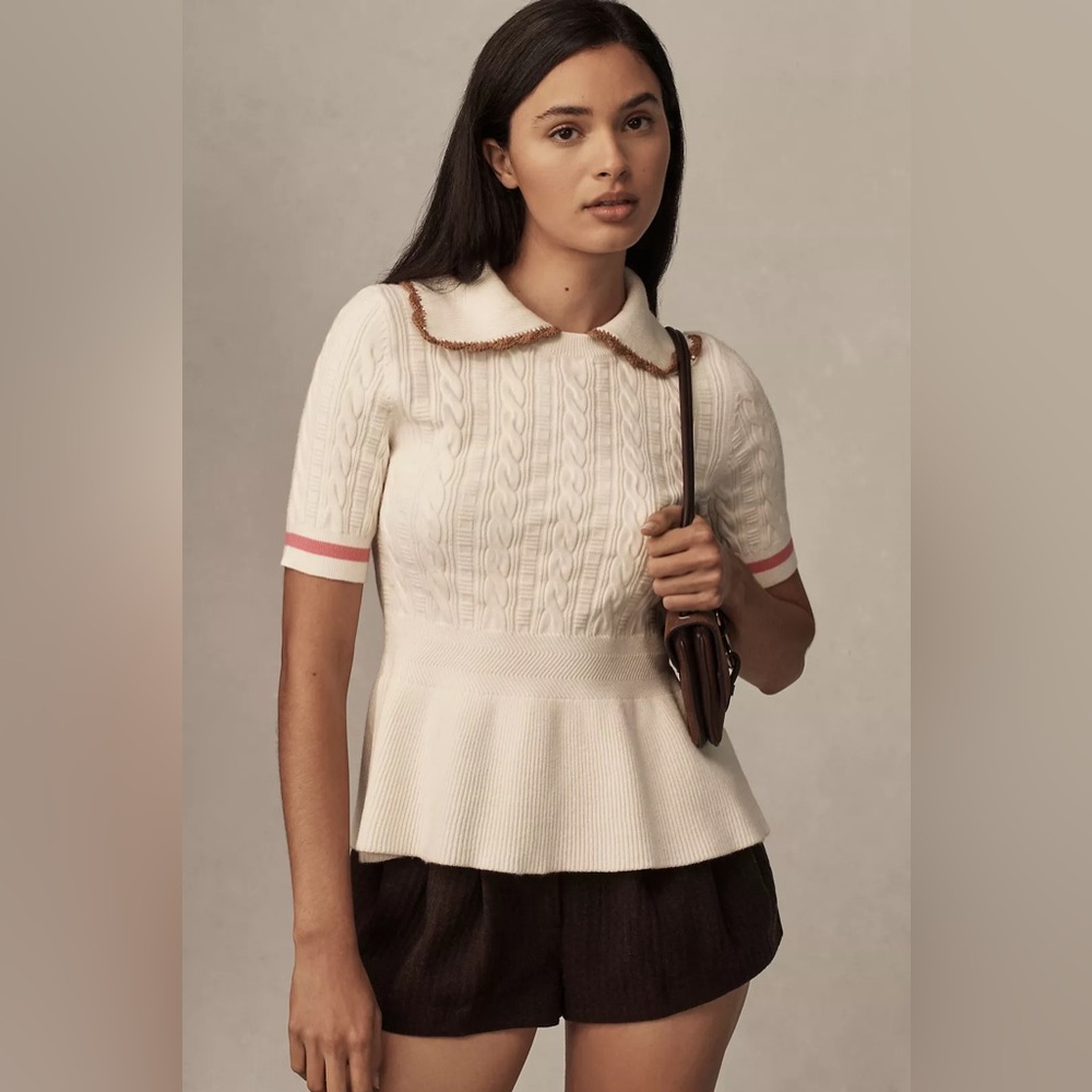 Maeve Short Sleeve Collared Peplum Sweater